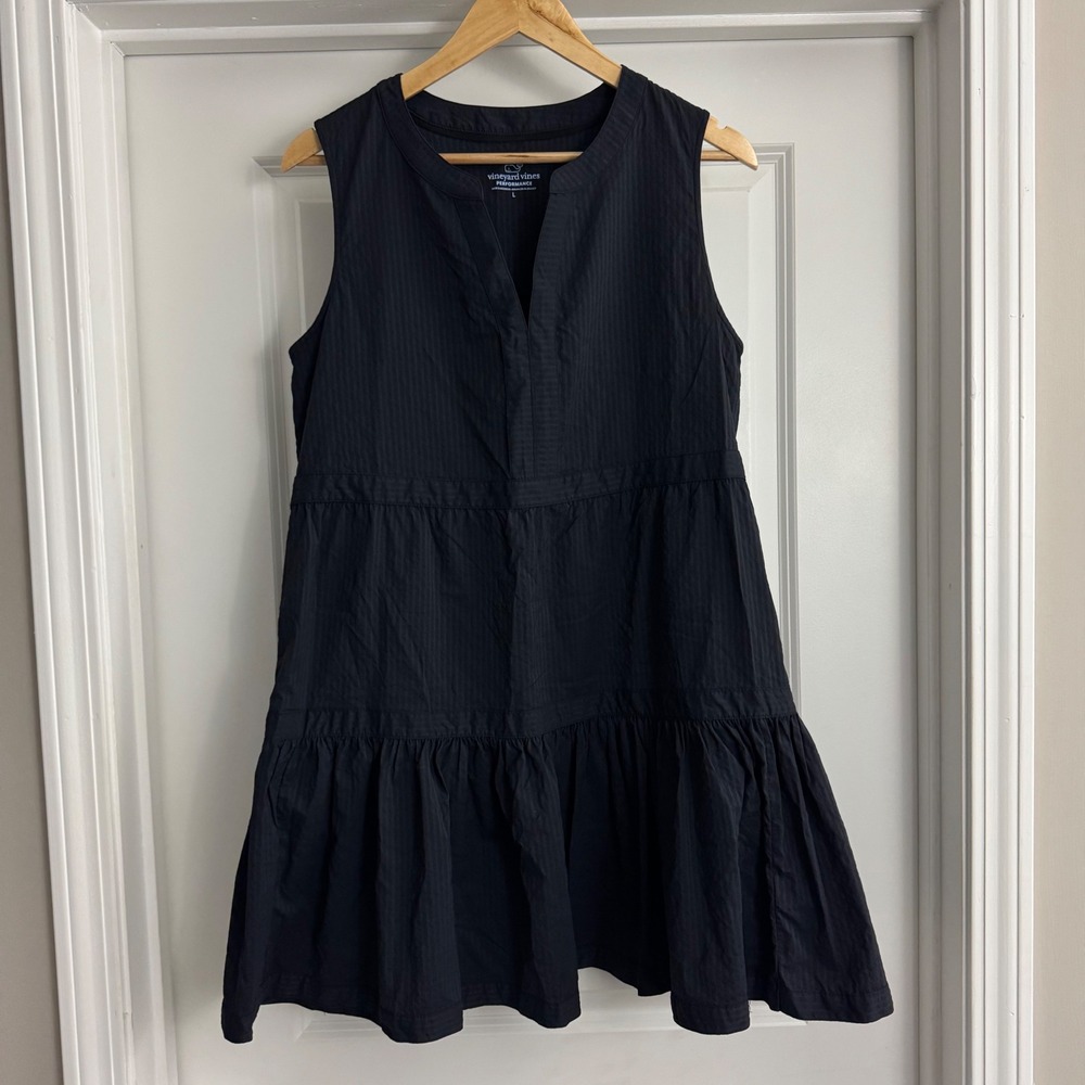 Vineyard Vines Performance Seersucker Tiered Mini Dress Black L